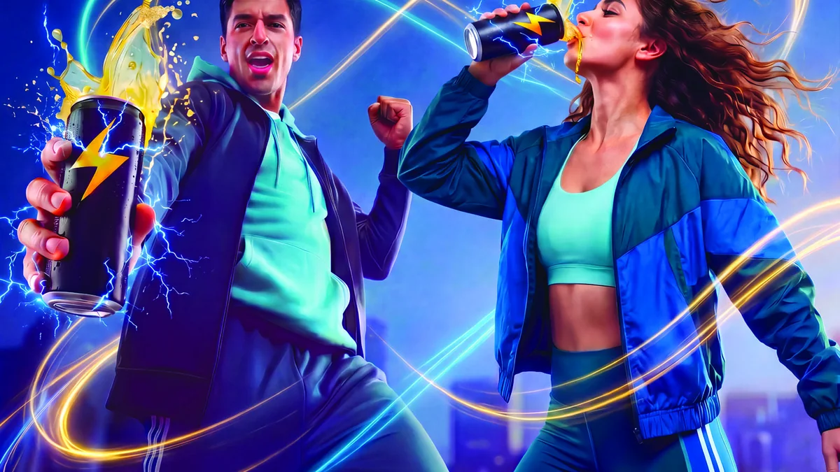 Due giovani consumano energy drink con effetti luminosi che richiamano energia e movimento